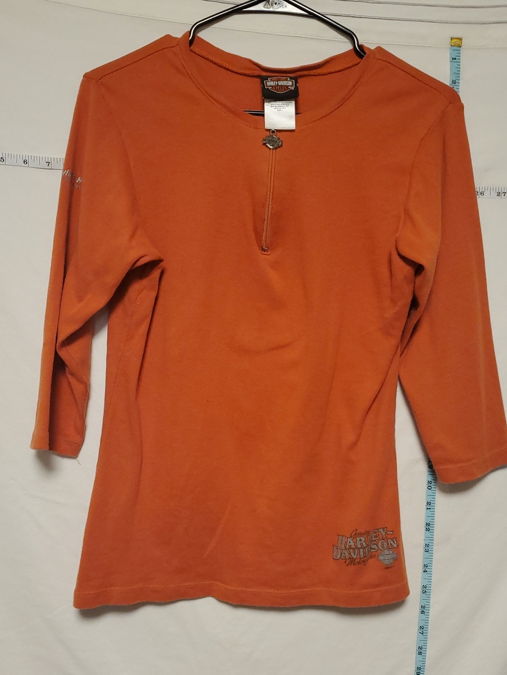 Harley Davidson Orange 3/4 Sleeve Womens Top Front Zip With Pull Lg Classic
